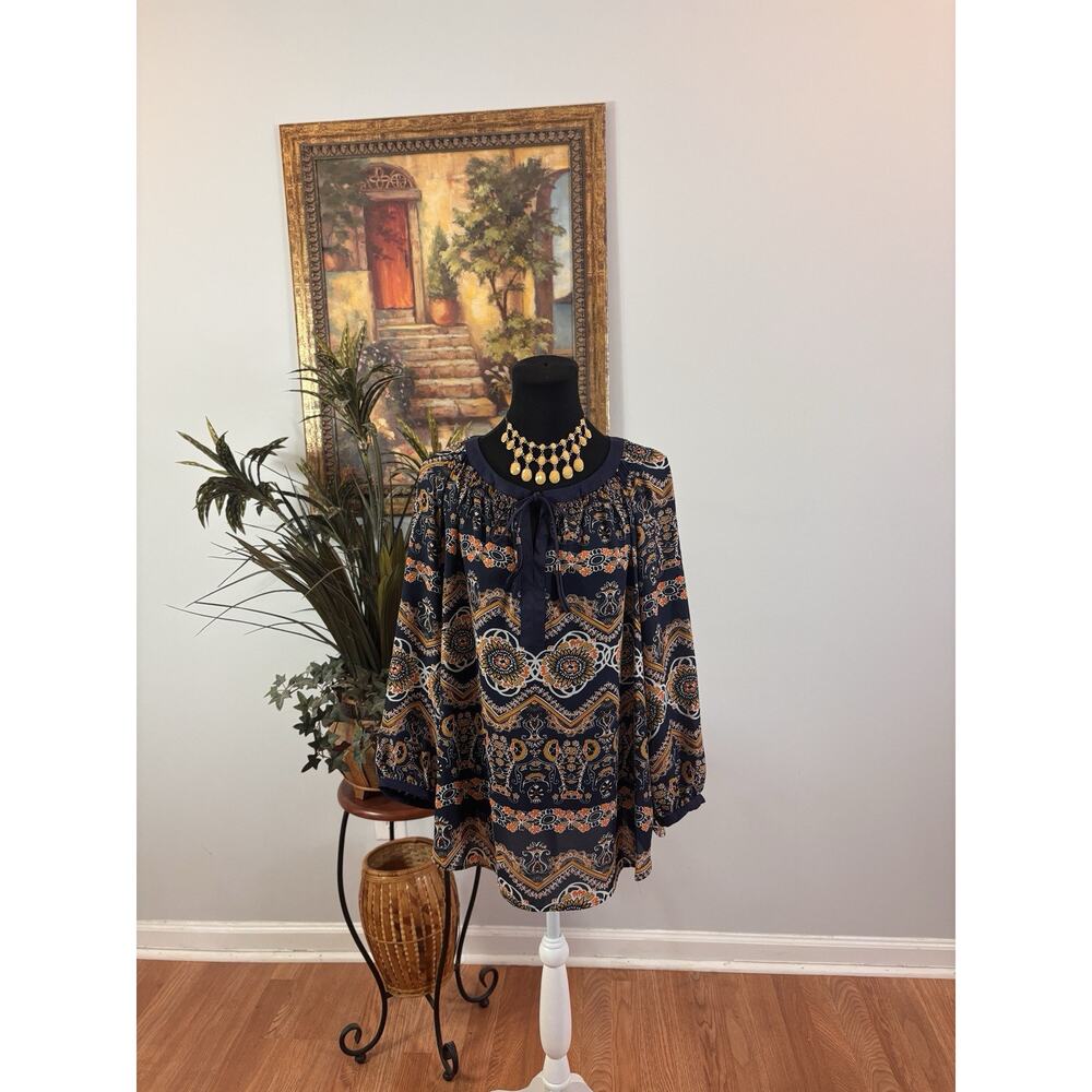 Zac & Rachel Woman Blouse 1X Raglan sleeve Collarless Pullover Resort Wear Boho